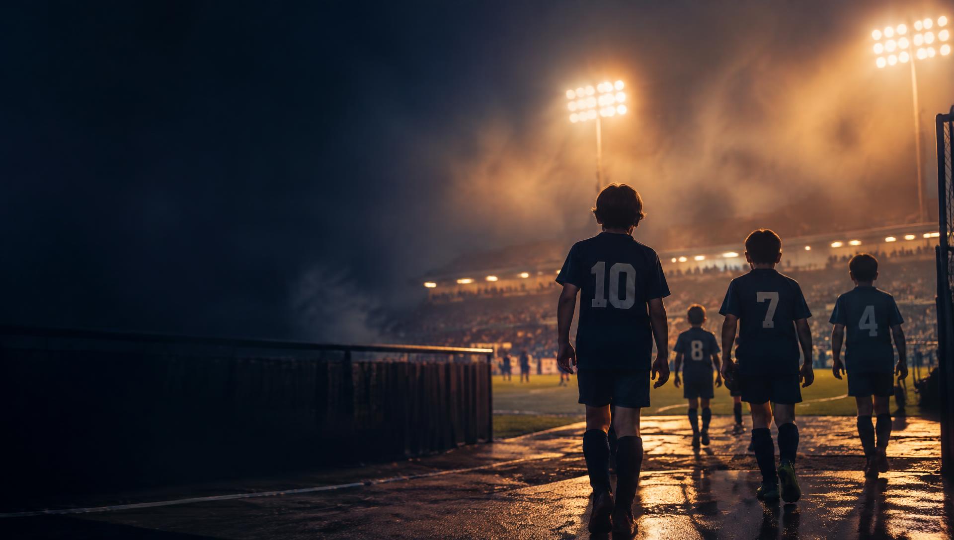 Copii fotbaliști intrând pe stadion sub lumina reflectoarelor